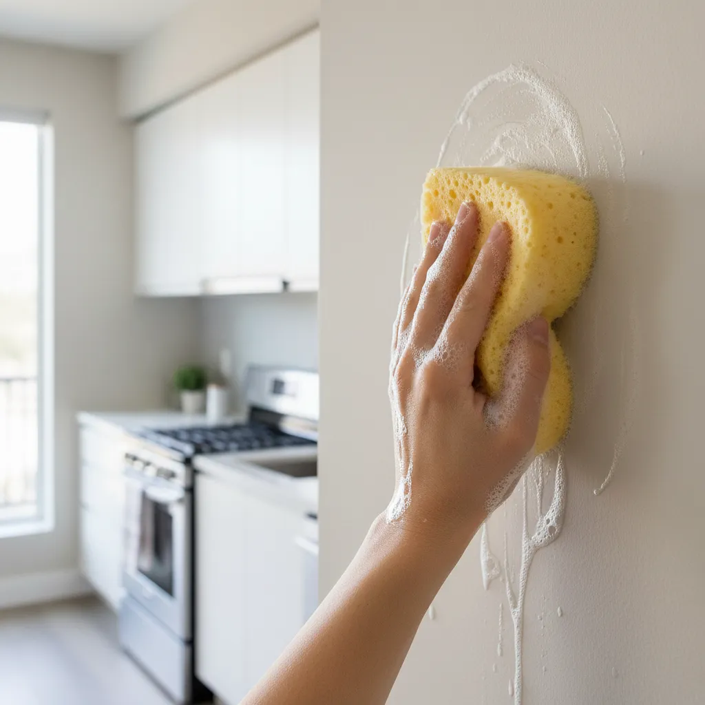 Cleaning grease from kitchen wall using sponge and soap solution
