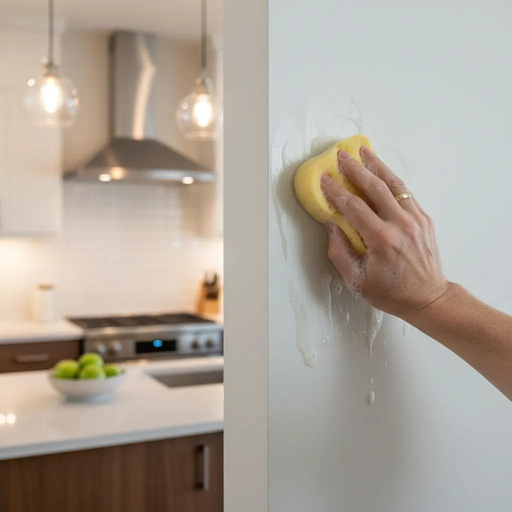 Person wiping kitchen wall grease with sponge and soap solution