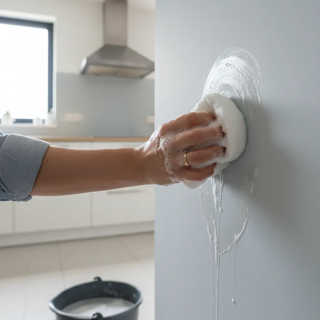 Cleaning grease from kitchen wall using sponge and soap solution