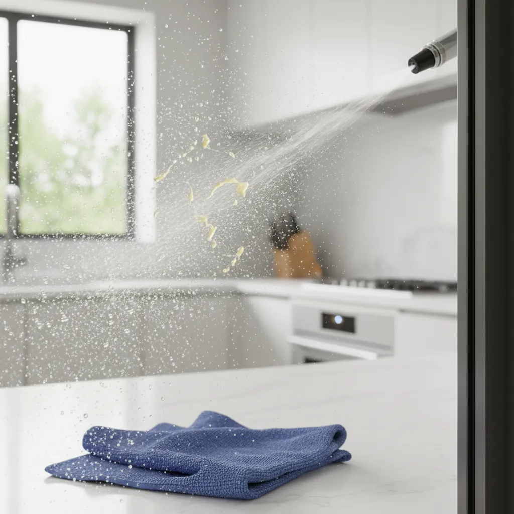 spraying soap and vinegar solution on greasy kitchen window