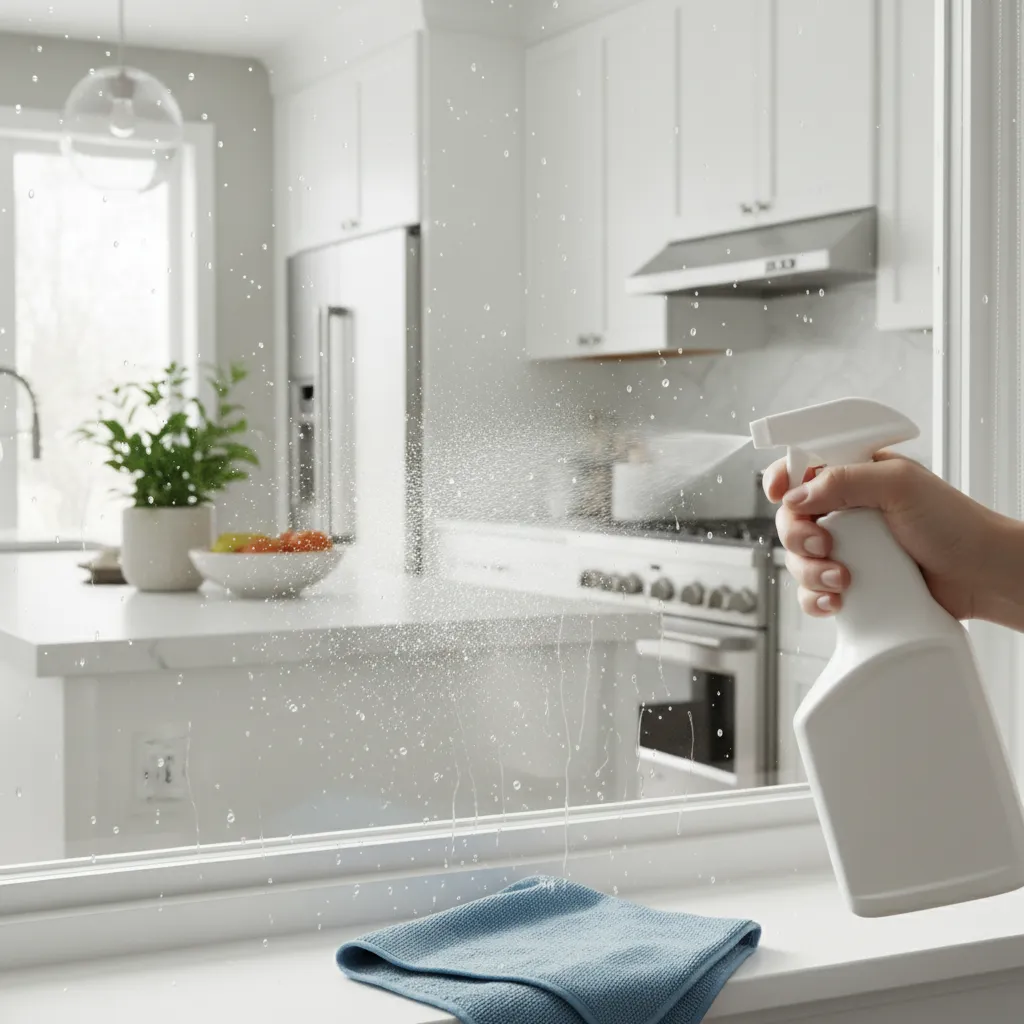 Person spraying cleaning liquid onto a kitchen window with a white bottle and blue cloth