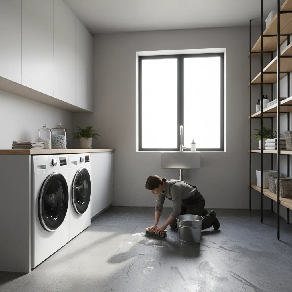 Scrubbing and cleaning a concrete laundry room floor before applying paint