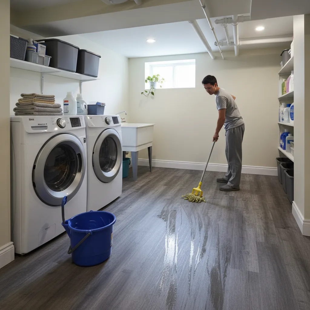 cleaning vinyl floor in basement laundry room