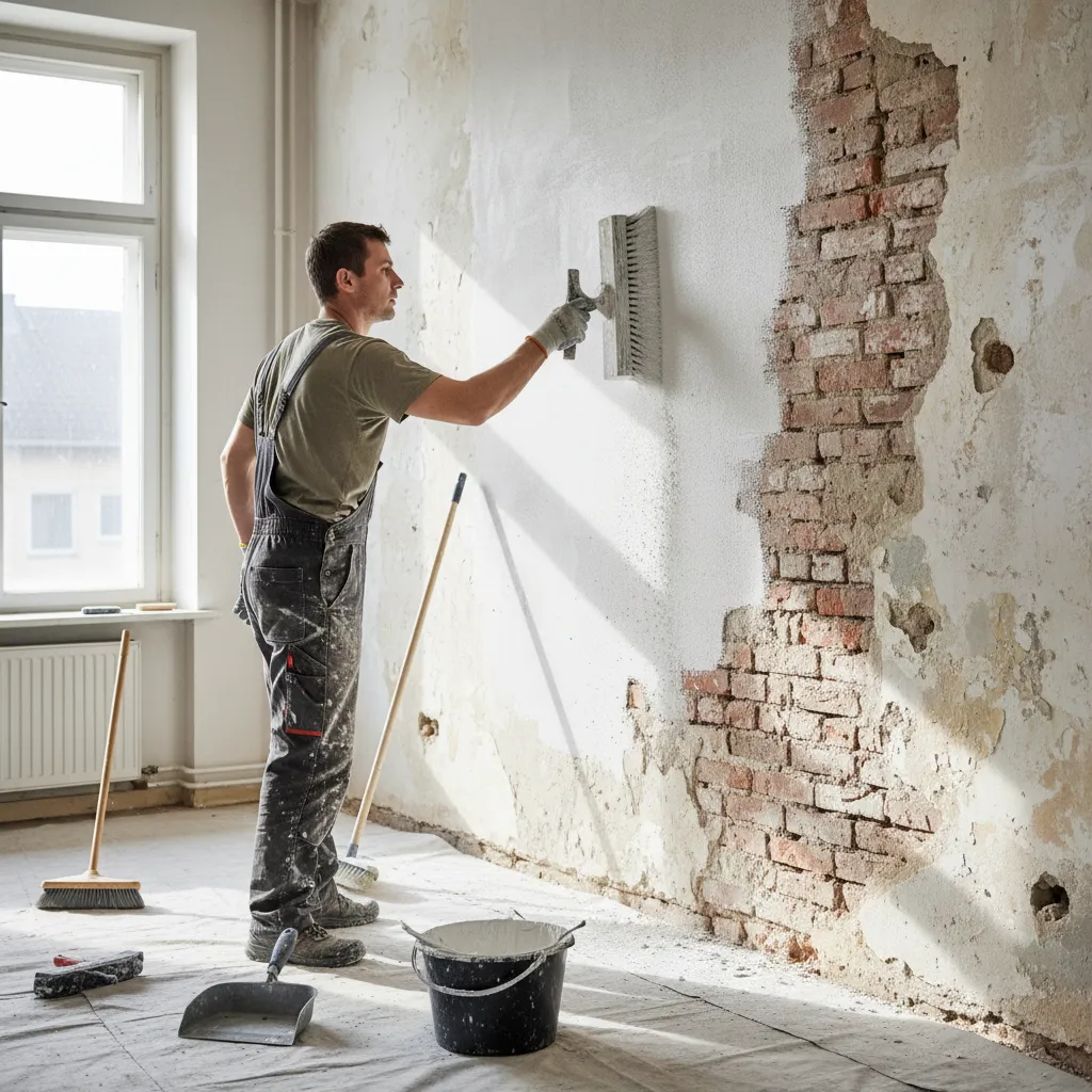 Contractor brushing loose limewash from masonry wall before priming