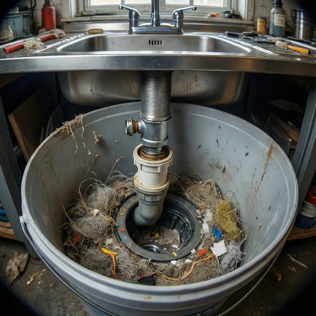 removing lint buildup from a laundry sink drain trap during maintenance