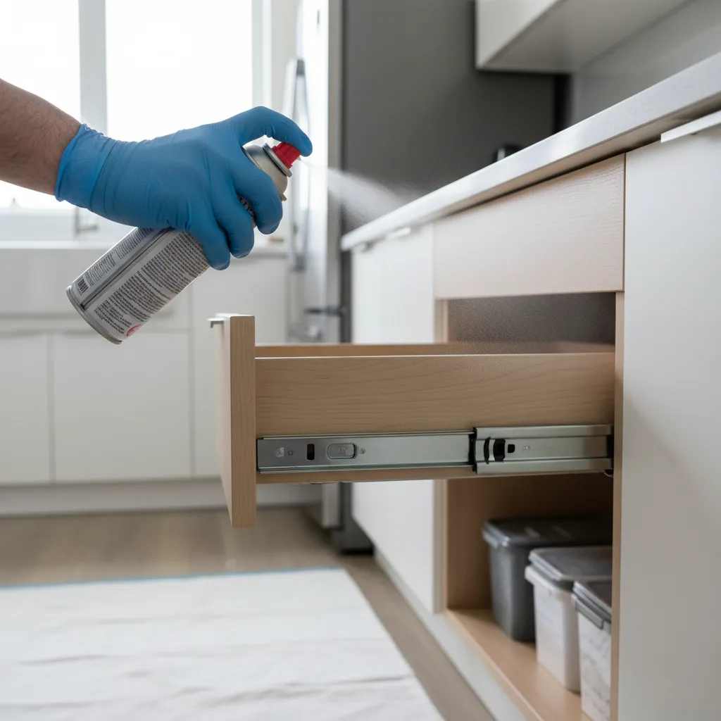 Applying lubricant to cabinet drawer slides after cleaning