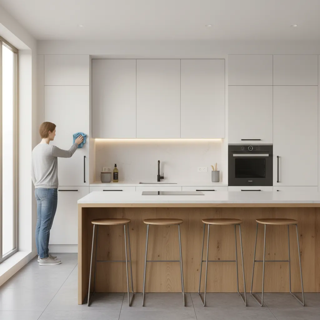 cleaning matte black cabinet handles with microfiber cloth in modern kitchen