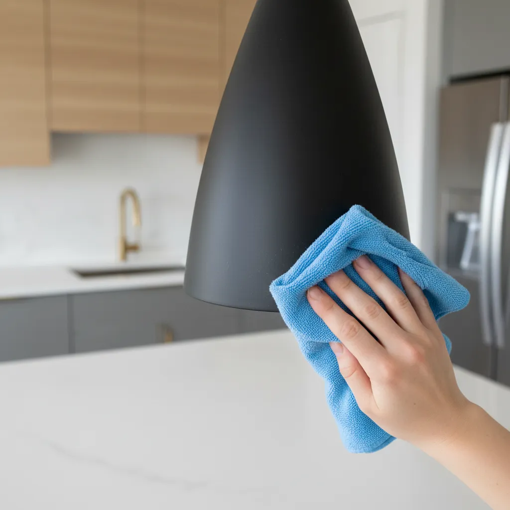 person cleaning matte black kitchen pendant light with microfiber cloth
