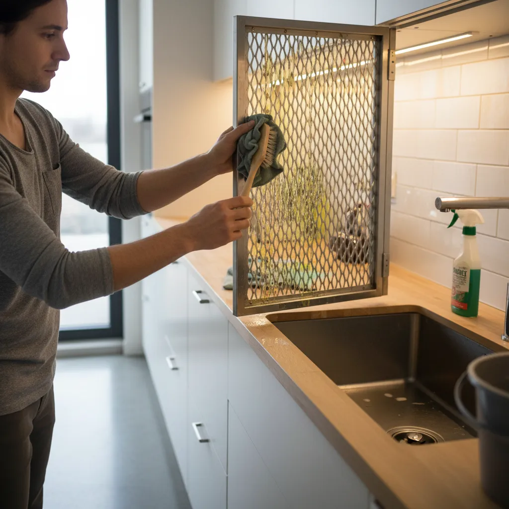 Cleaning grease from metal mesh kitchen cabinet panel