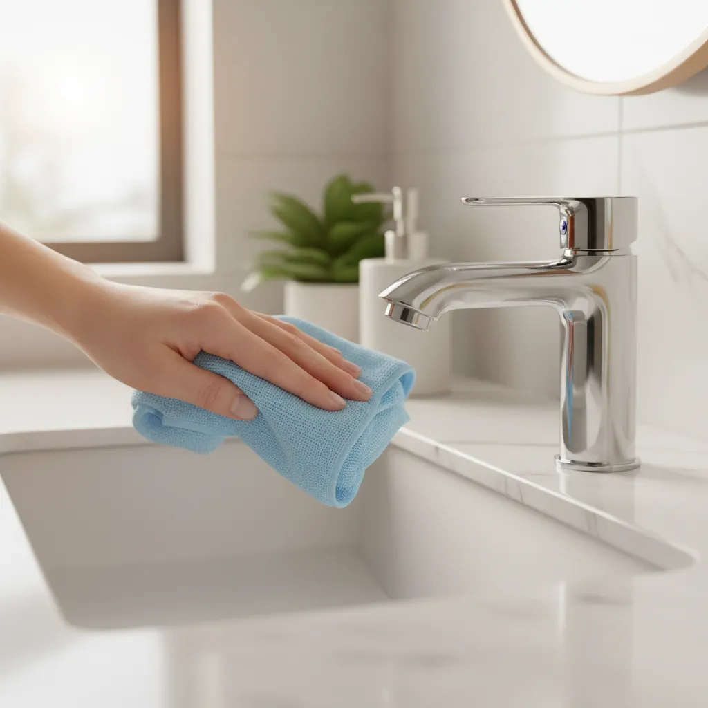 hand cleaning chrome bathroom faucet using microfiber cloth