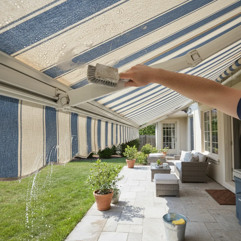 Homeowner gently cleaning mildew from outdoor awning fabric with brush