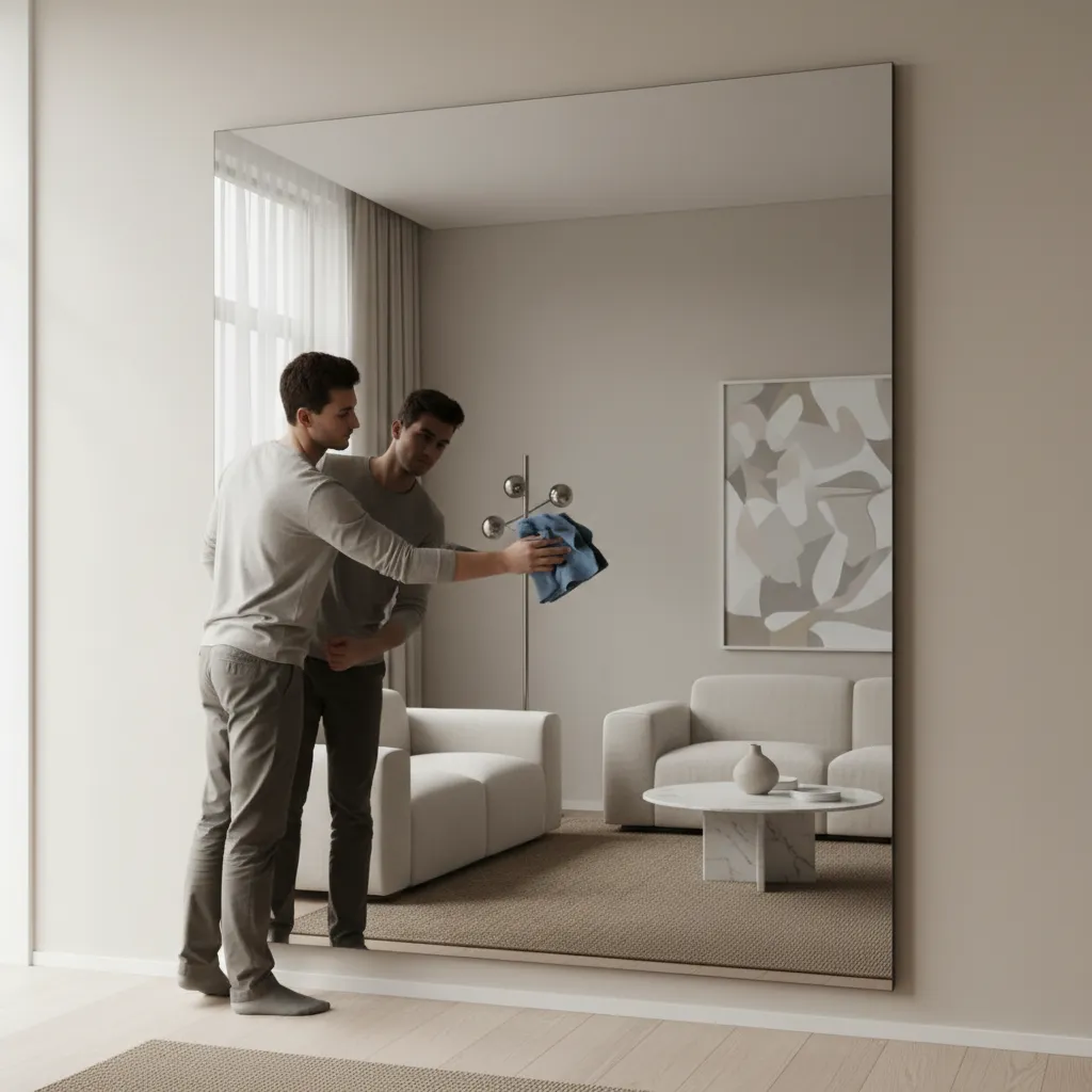 person cleaning mirror with microfiber cloth before attaching decorations