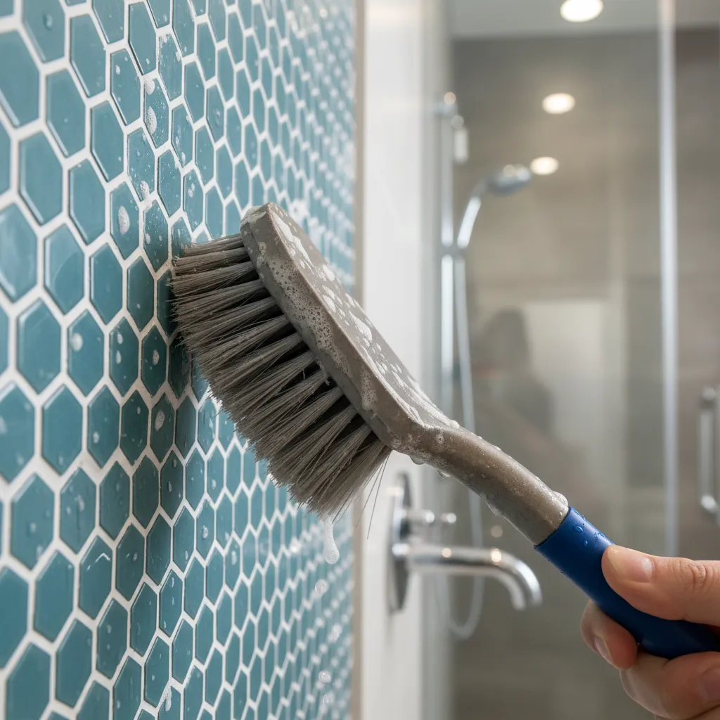 cleaning mold from grout in blue mosaic tile bathroom