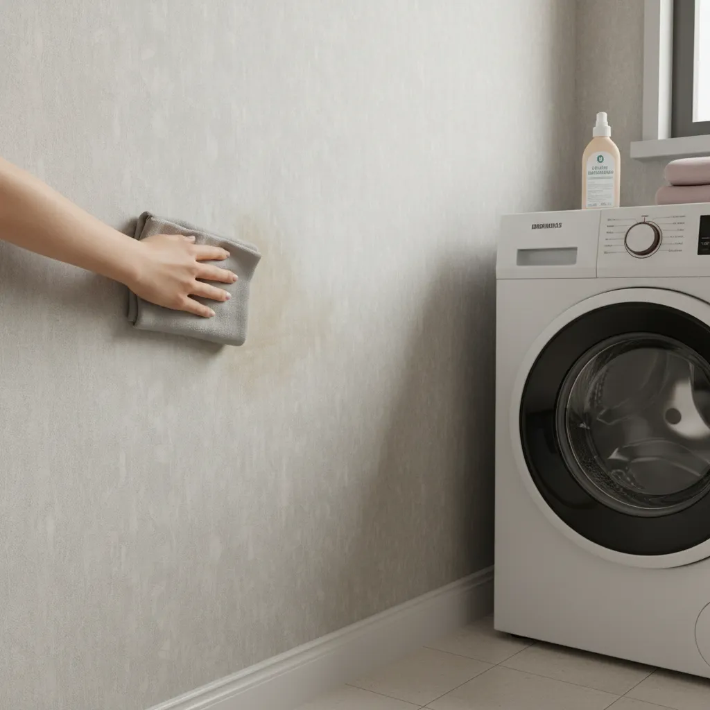 Cleaning mildew from vinyl wallpaper in laundry room corner