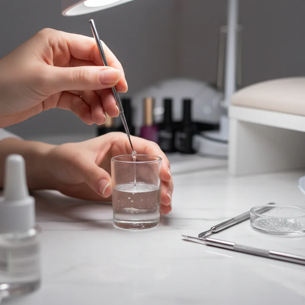 Cleaning a nail art brush with acetone after nail polish decoration