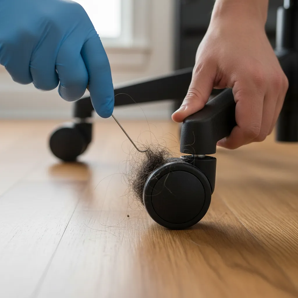 removing hair and debris from office chair caster wheels