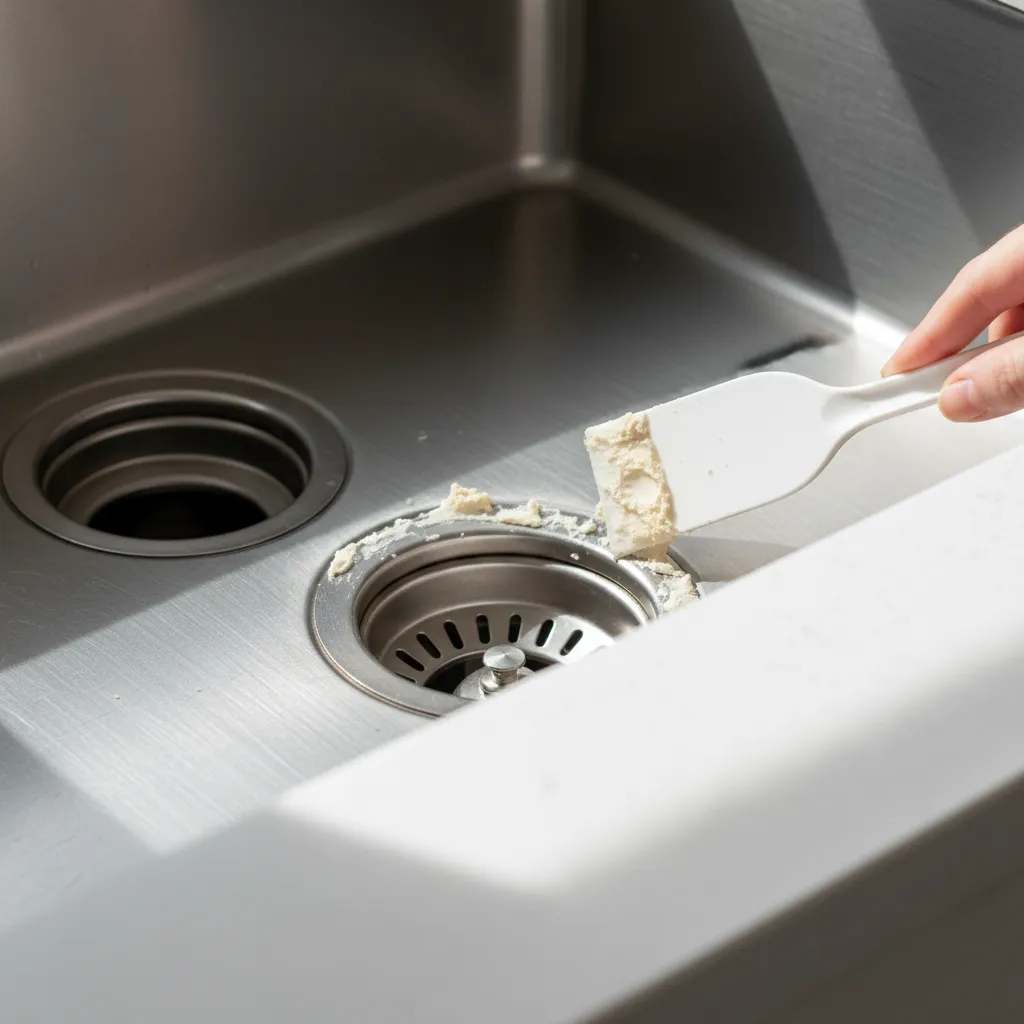 Person cleaning white putty residue from around a kitchen sink drain with a white plastic tool