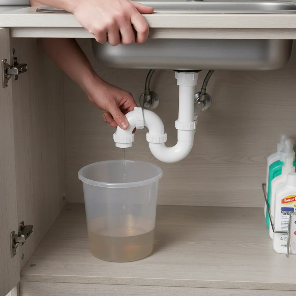 plumber removing p-trap pipe under kitchen sink to remove odor buildup
