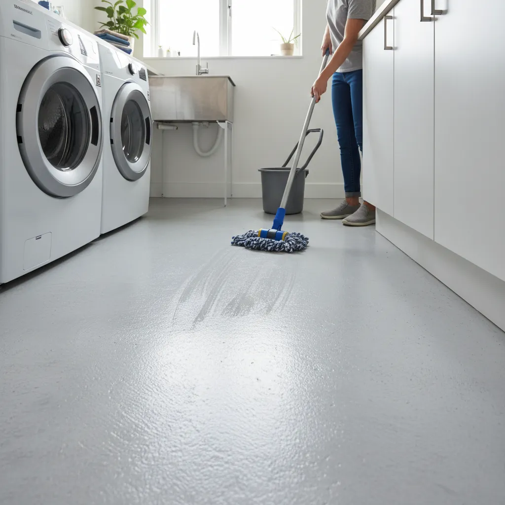 cleaning painted concrete laundry room floor with microfiber mop
