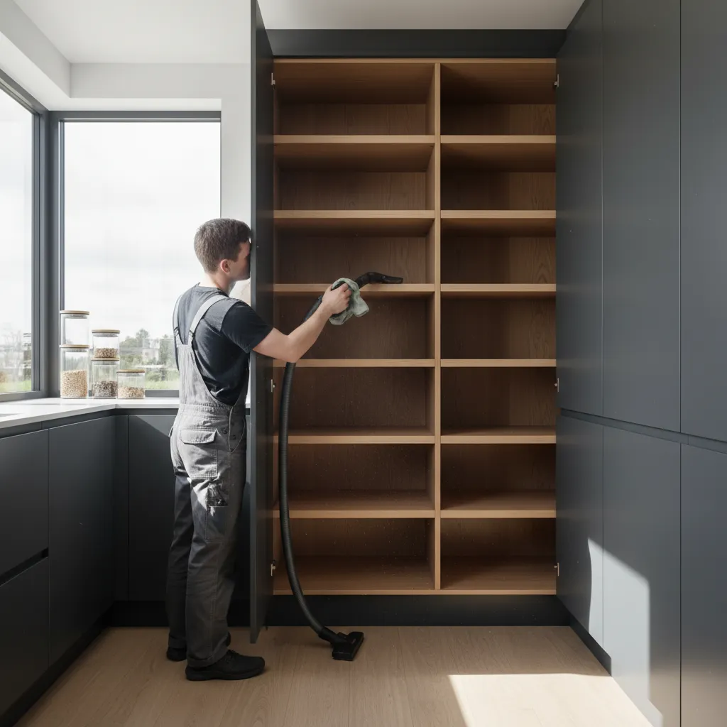 person cleaning kitchen pantry shelves with vacuum and cloth