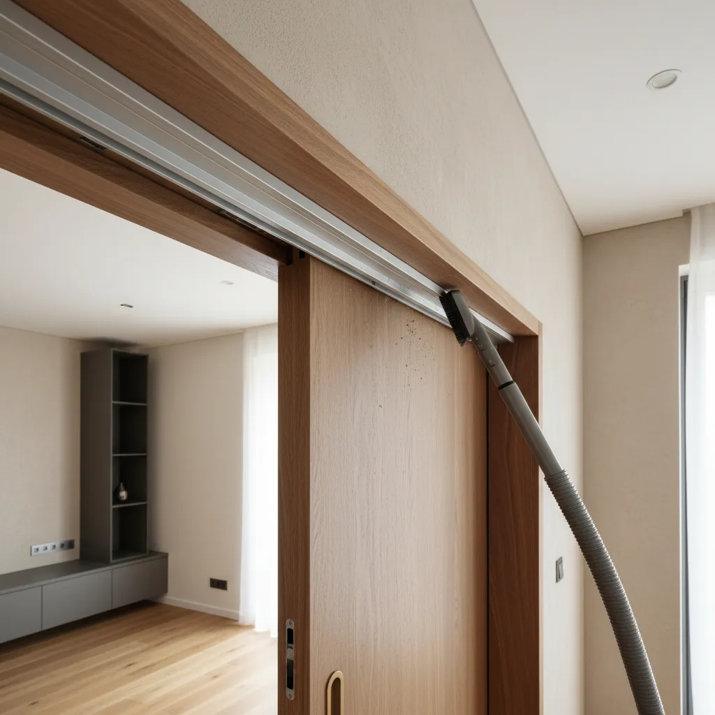 Cleaning debris from pocket door sliding track with vacuum tool