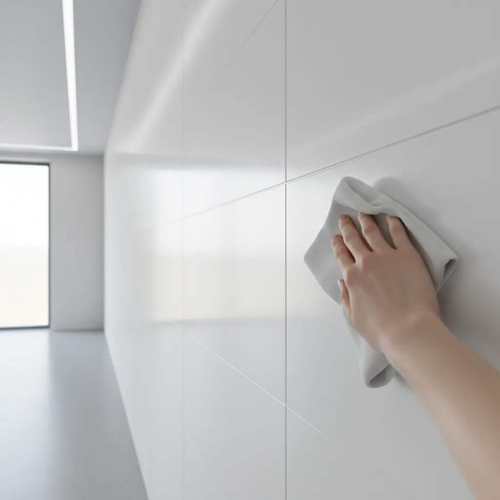person cleaning glossy pvc wall panels with microfiber cloth in modern interior