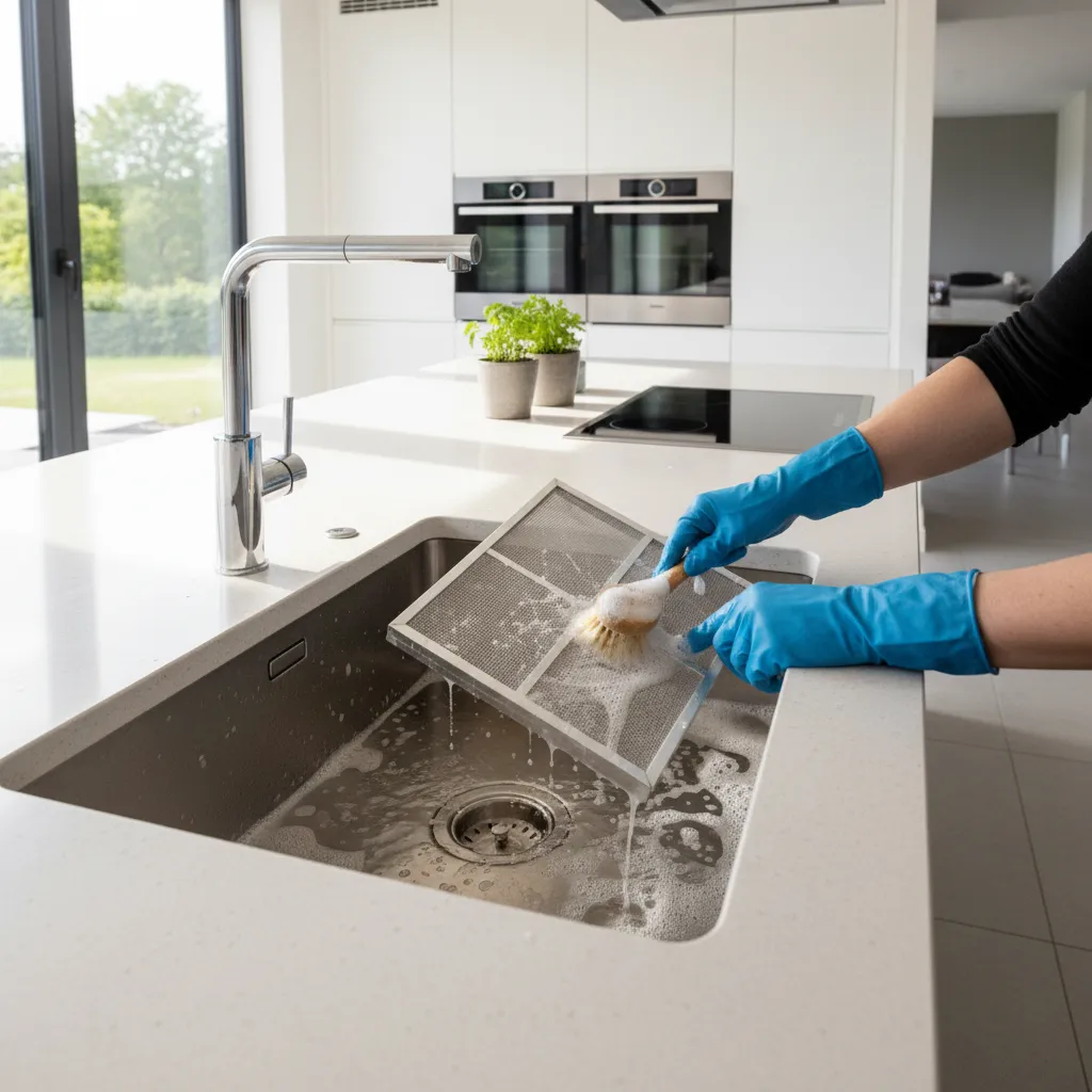 Cleaning greasy range hood filter in kitchen sink