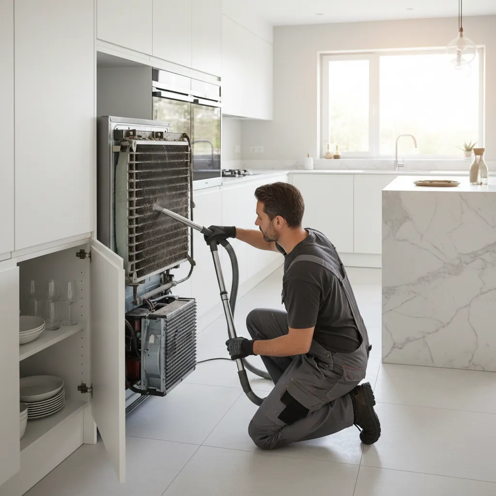 homeowner cleaning condenser coils behind a built-in refrigerator