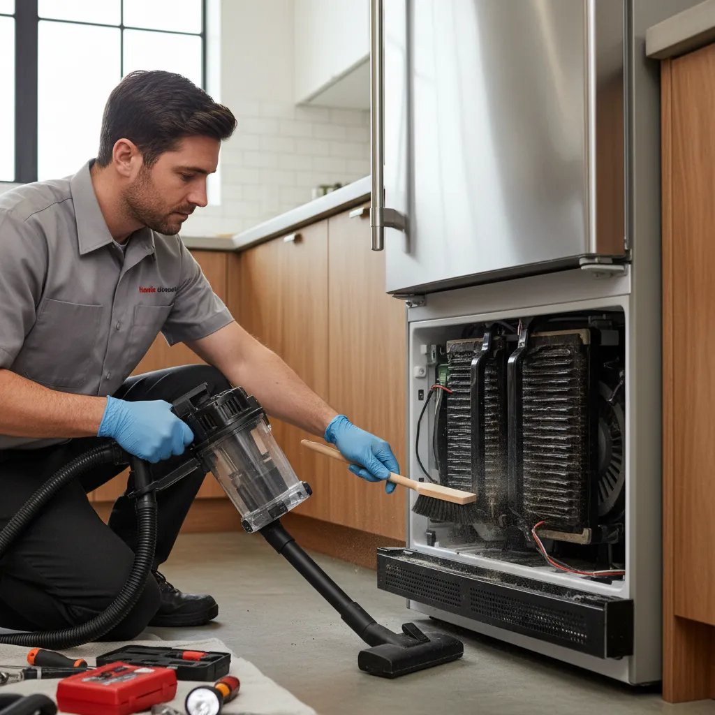 Technician cleaning condenser coils of built-in refrigerator