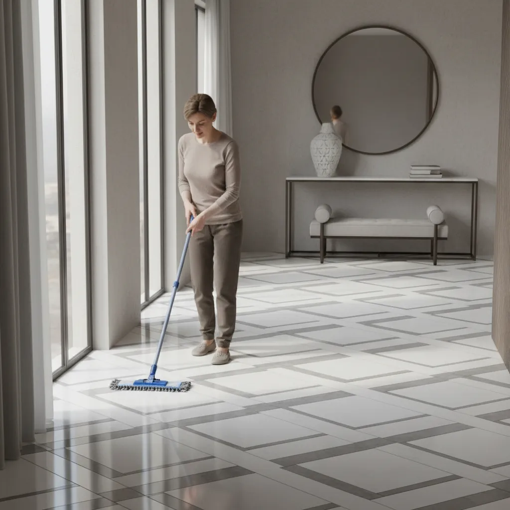 Cleaning ribbon tile flooring with microfiber mop in modern home