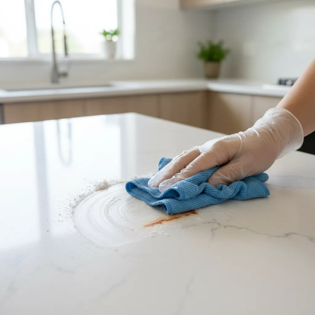 baking soda paste applied to rust stain on kitchen countertop for cleaning