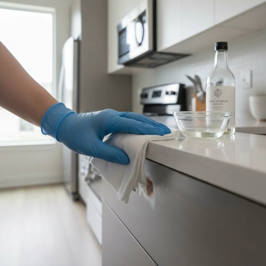 applying vinegar solution to remove rust from metal cabinet surface