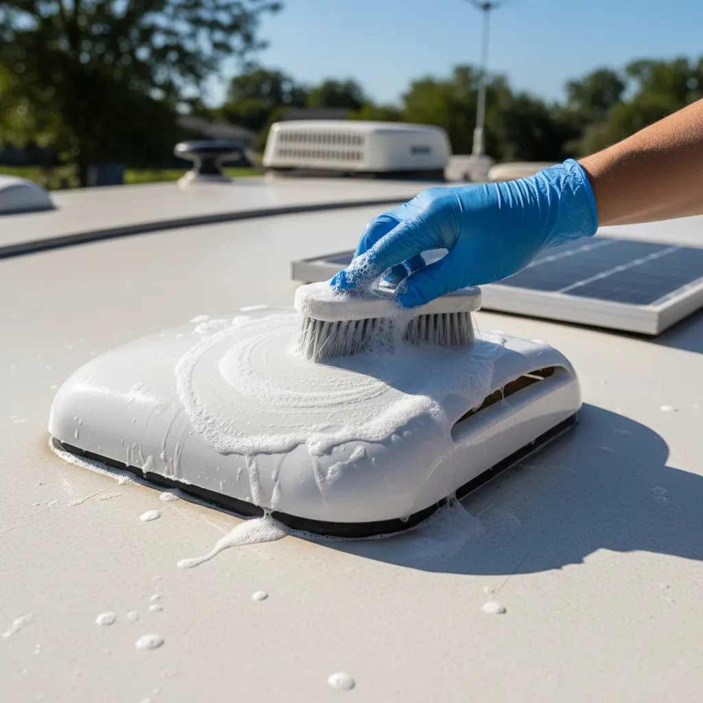Person cleaning an RV roof vent cap with a soft brush