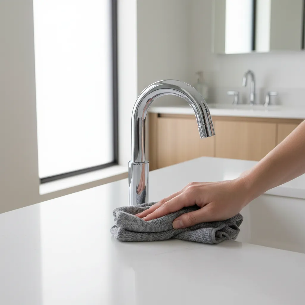 Person wiping silver faucet with microfiber cloth