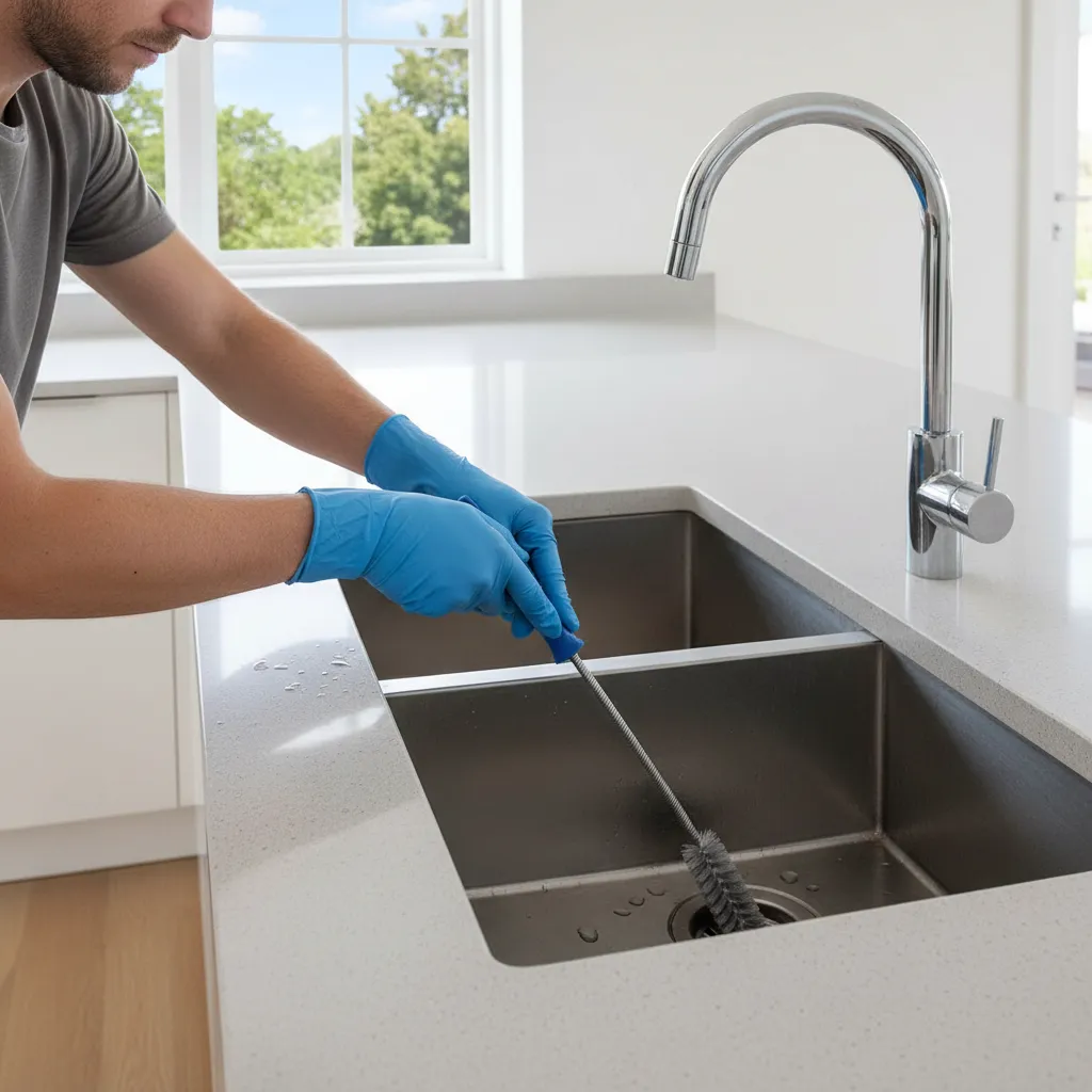 cleaning kitchen drain with long brush to remove buildup causing flies