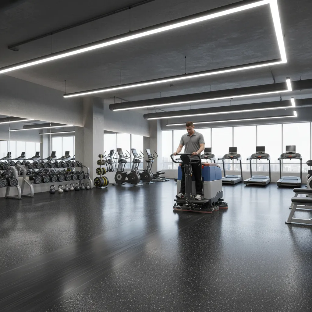 staff cleaning rubber gym flooring with auto scrubber machine