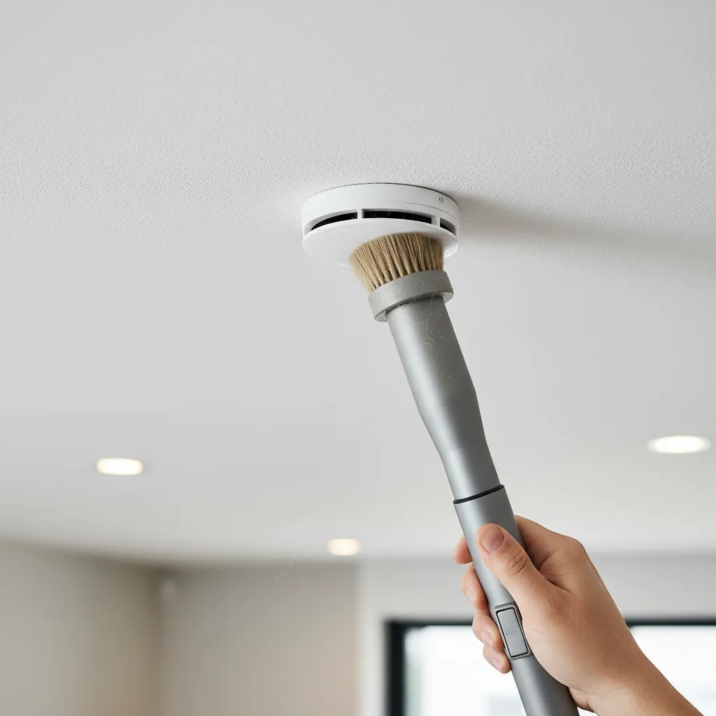 Homeowner cleaning smoke detector with vacuum brush attachment