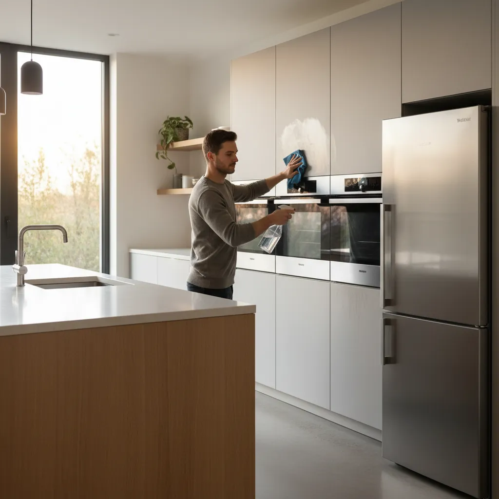 Person cleaning smoke stains from kitchen cabinets with cloth