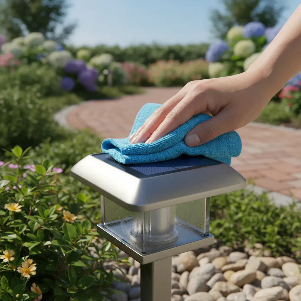 Person cleaning the solar panel of a garden light with a cloth