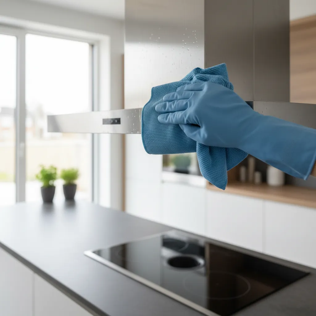 Wiping stainless steel kitchen chimney with microfiber cloth