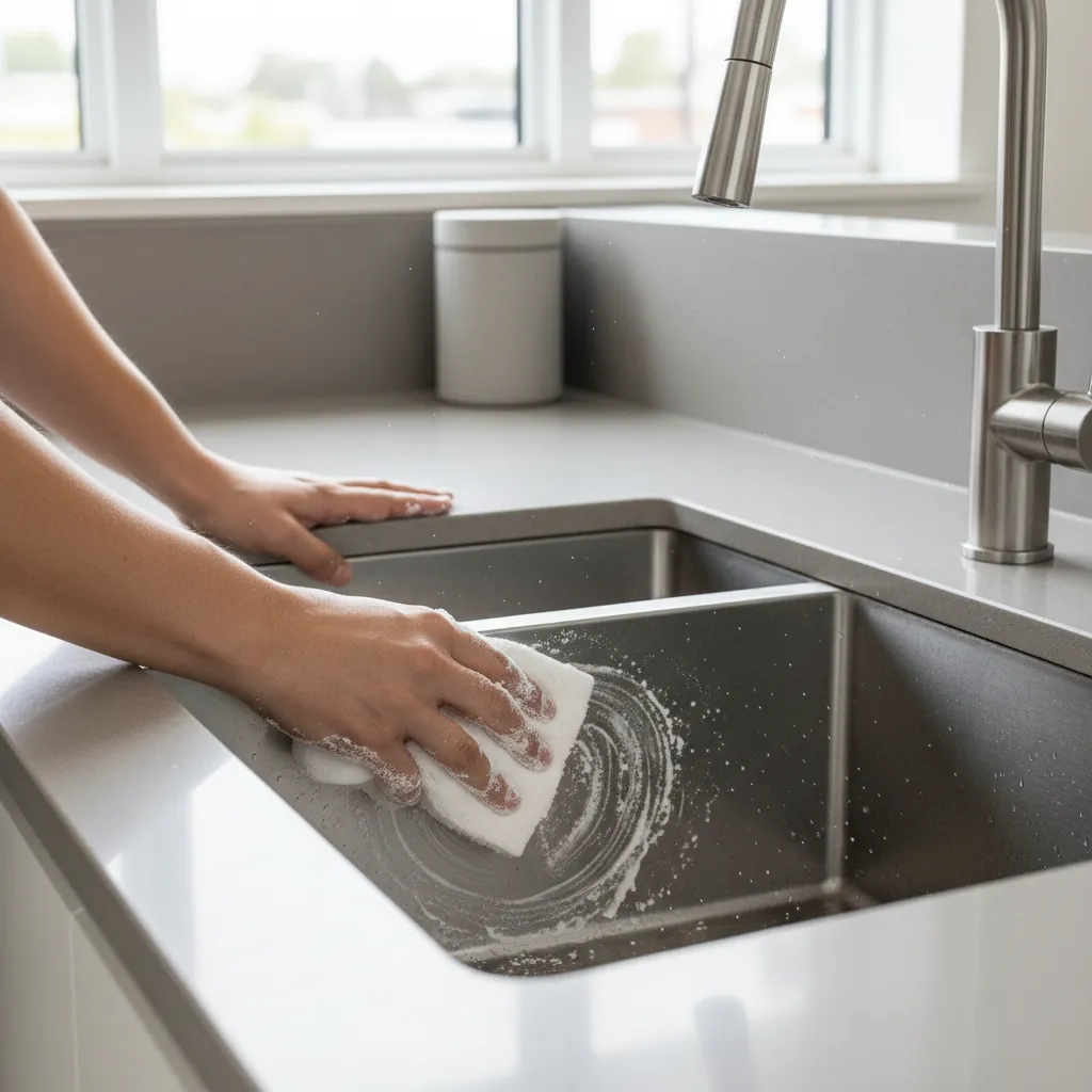 cleaning stainless steel kitchen sink with baking soda and sponge