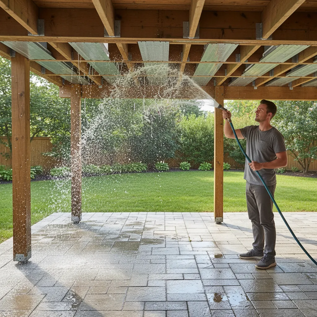 cleaning debris from under deck drainage channels with garden hose