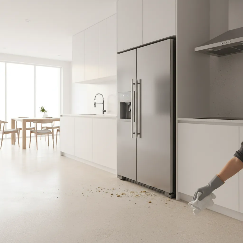 cleaning crumbs under kitchen refrigerator to remove food sources for ants