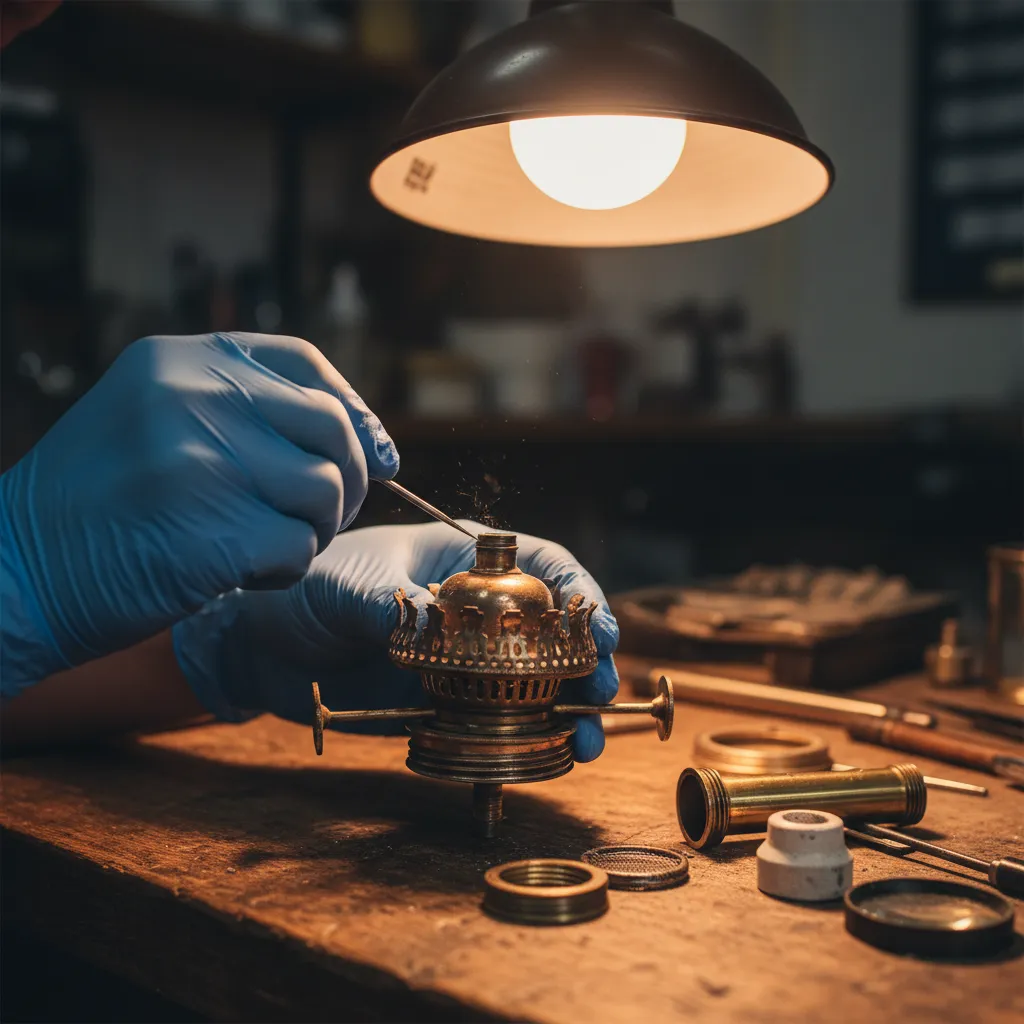 Maintenance of antique gas lamp burner being cleaned with tool