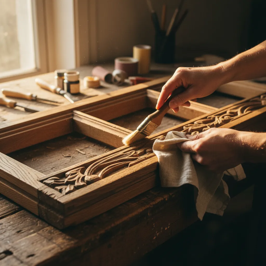 Person cleaning antique wooden window frame with brush and cloth