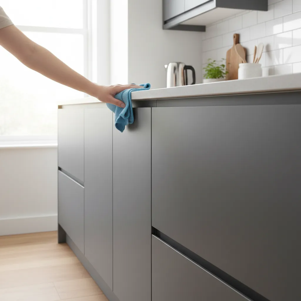 person gently cleaning vinyl wrapped kitchen cabinet door with soft cloth