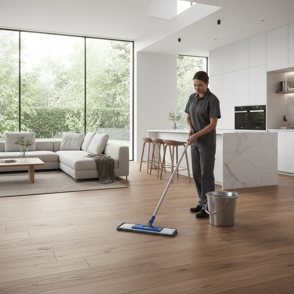 cleaning luxury vinyl plank flooring with microfiber mop and gentle solution