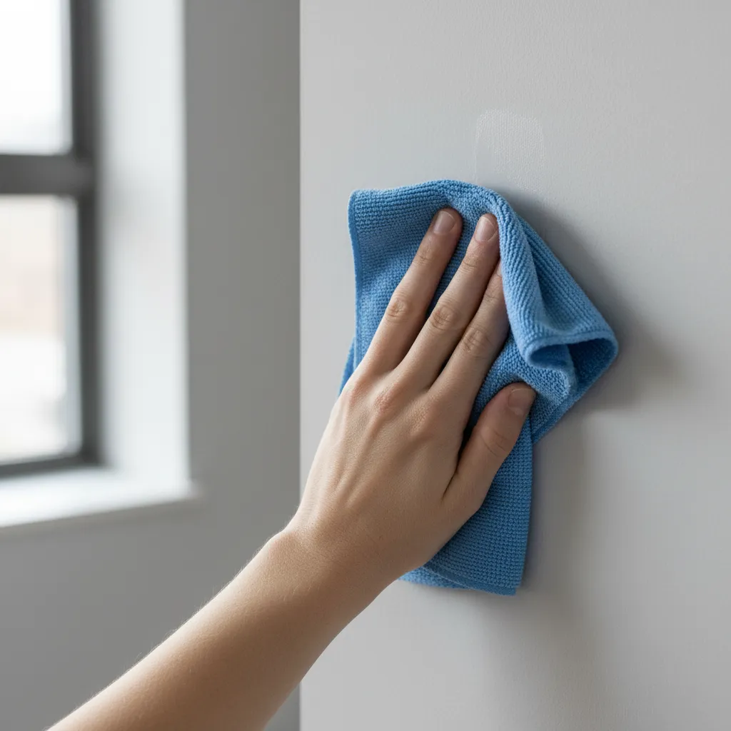 cleaning painted wall with microfiber cloth before mounting paper poster