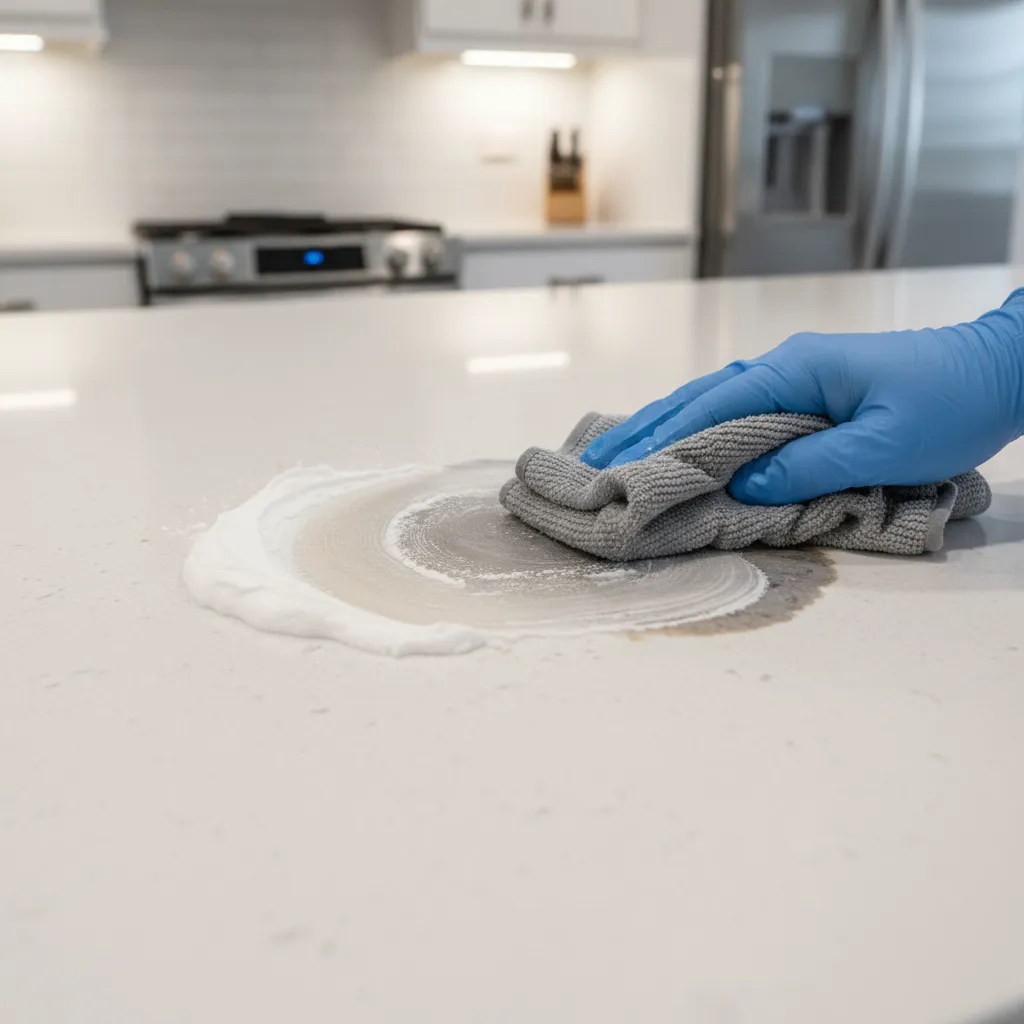 Hand in blue glove cleaning white kitchen countertop using baking soda paste and grey cloth