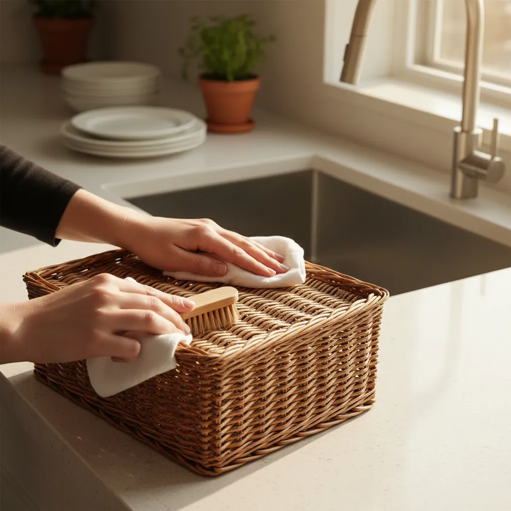 person cleaning a wicker kitchen storage basket with brush and cloth